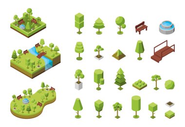 Vektör izometrik çizim. Ekolojik park kavramı, çeşmeli dinlenme alanları. Doğal manzara, çevre. Peyzajlı doğa koruma alanı, orman, koru. Ağaçlar 3d izometrik simgeler