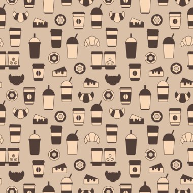 Kusursuz kahve, içecek, kek, kruvasan ve çörek deseni. Yemek, kahve ve tatlı temalı bir resim. Kahve, çay, tatlı, fırın ikonlarının soyut arkaplanı 