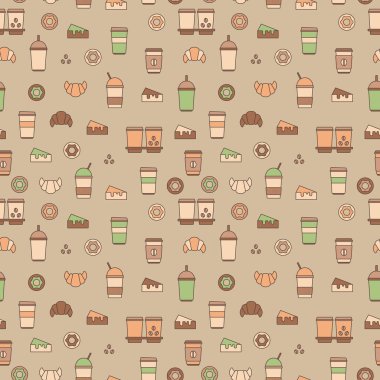 Kusursuz kahve, içecek, kek, kruvasan ve çörek deseni. Yemek, kahve ve tatlı temalı bir resim. Kahve, çay, tatlı, fırın ikonlarının soyut arkaplanı 