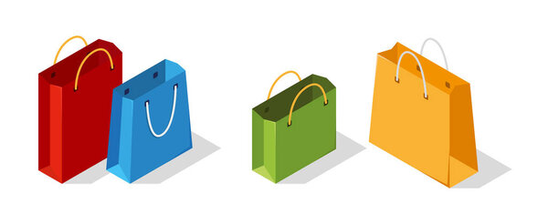 Isometric illustration, set of vector 3d icons of bags, packages with handles. Shopping packaging, color bags collection