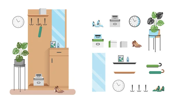 Illustrazione Vettoriale Piatta Interni Disimpegno Mobili Armadio Concetto Con Specchio — Vettoriale Stock