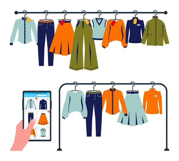 Ilustração Vetorial Plana Conceito Loja Roupas Line Mão Com Smartphone — Vetor de Stock