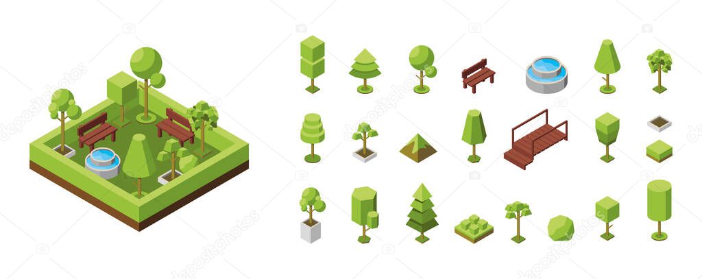 Vector isometric illustration. Concept of an ecological park, recreation areas with a fountain. Natural landscape, environment. Landscaped nature reserve, forest, grove. Trees isometric icons