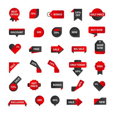 Vektör etiketleri, fiyat etiketleri, afişler, etiketler. Kupon satışı, teklifler ve promosyon vektör şablonu. Dükkan fiyatı etiketi, perakende, ticaret, iş