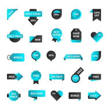 Vektör etiketleri, fiyat etiketleri, afişler, etiketler. Kupon satışı, teklifler ve promosyon vektör şablonu. Dükkan fiyatı etiketi, perakende, ticaret, iş