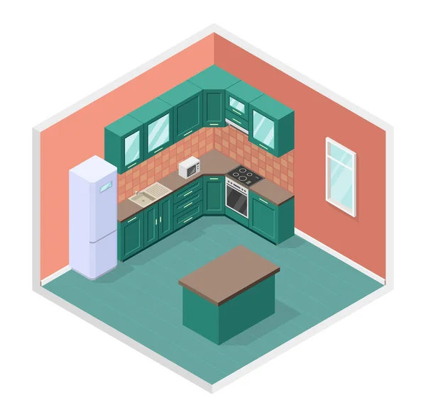 Векторная Изометрическая Иллюстрация Концепция Кухонного Интерьера Мебель Оборудование Приготовления Пищи — стоковый вектор