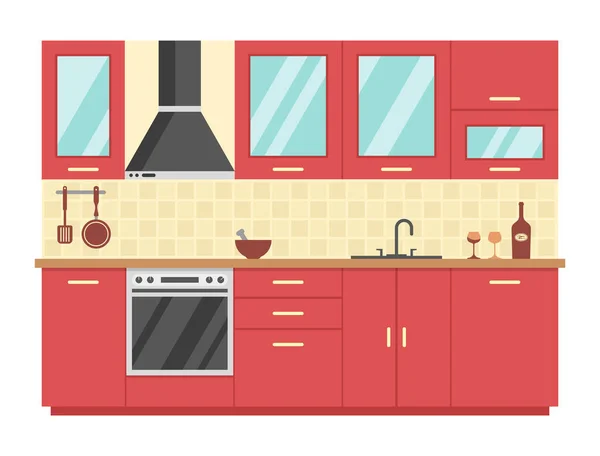 Vektorové Ploché Ilustrace Interiér Kuchyně Nábytek Kuchyňské Vybavení — Stockový vektor