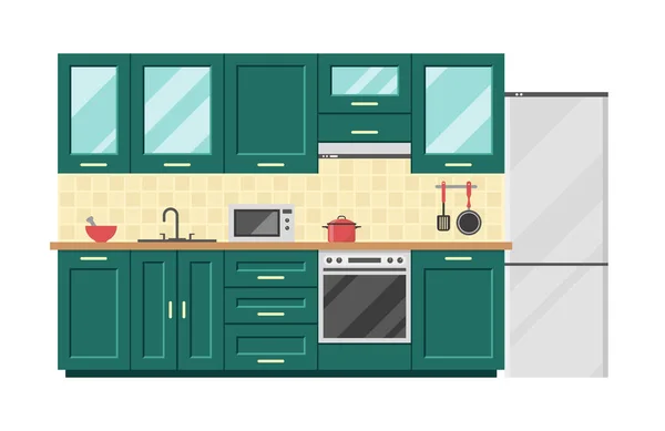 Векторная Плоская Иллюстрация Кухонный Интерьер Мебель Оборудование Приготовления Пищи — стоковый вектор