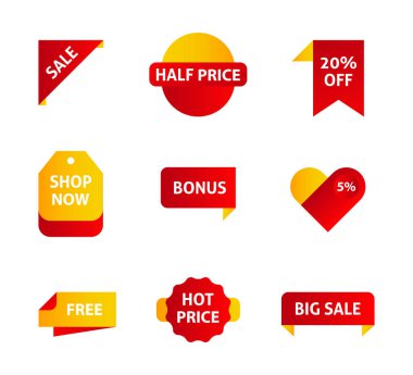 Vektör etiketleri, fiyat etiketleri, afişler, etiketler. Kupon satışı, teklifler ve promosyon vektör şablonu. Dükkan fiyatı etiketi, perakende, ticaret, iş