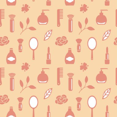 Kozmetik simgelerinden ve çiçek elementlerinden kusursuz doku, desen, soyut arkaplan, duvar kağıdı