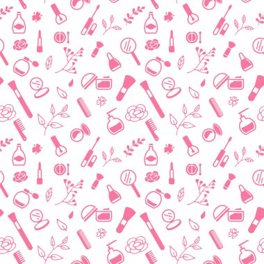 Kozmetik simgelerinden ve çiçek elementlerinden kusursuz doku, desen, soyut arkaplan, duvar kağıdı
