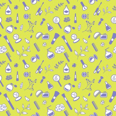 Kozmetik simgelerinden ve çiçek elementlerinden kusursuz doku, desen, soyut arkaplan, duvar kağıdı