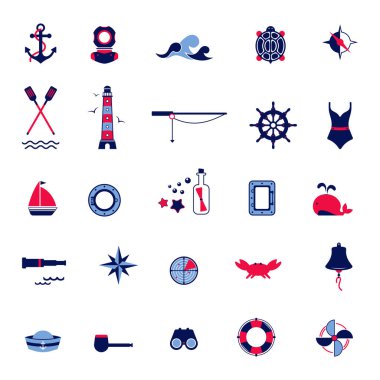 Deniz, navigasyon, deniz yolculuğu, turizm temalı düz simgeler. Denizcilik nesnelerinin denizcilik illüstrasyonu