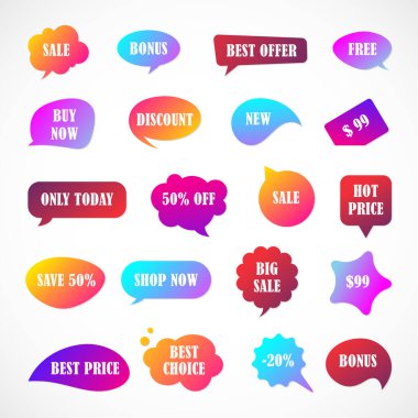 Vektör etiketleri, fiyat etiketleri, afişler, etiketler. Kupon satışı, teklifler ve promosyon vektör şablonu. Fiyat etiketi, perakende, ticaret, iş. Konuşma baloncukları kümesi