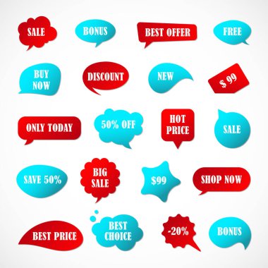 Vektör etiketleri, fiyat etiketleri, afişler, etiketler. Kupon satışı, teklifler ve promosyon vektör şablonu. Fiyat etiketi, perakende, ticaret, iş. Konuşma baloncukları kümesi
