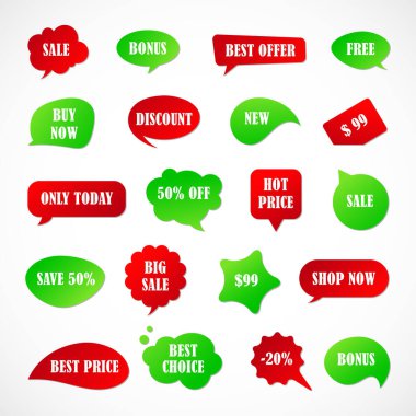 Vektör etiketleri, fiyat etiketleri, afişler, etiketler. Kupon satışı, teklifler ve promosyon vektör şablonu. Fiyat etiketi, perakende, ticaret, iş. Konuşma baloncukları kümesi