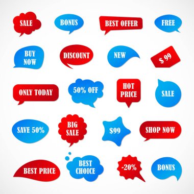 Vektör etiketleri, fiyat etiketleri, afişler, etiketler. Kupon satışı, teklifler ve promosyon vektör şablonu. Fiyat etiketi, perakende, ticaret, iş. Konuşma baloncukları kümesi