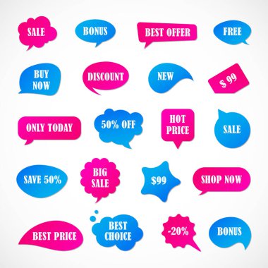 Vektör etiketleri, fiyat etiketleri, afişler, etiketler. Kupon satışı, teklifler ve promosyon vektör şablonu. Fiyat etiketi, perakende, ticaret, iş. Konuşma baloncukları kümesi
