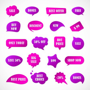 Vektör etiketleri, fiyat etiketleri, afişler, etiketler. Kupon satışı, teklifler ve promosyon vektör şablonu. Fiyat etiketi, perakende, ticaret, iş. Konuşma baloncukları kümesi