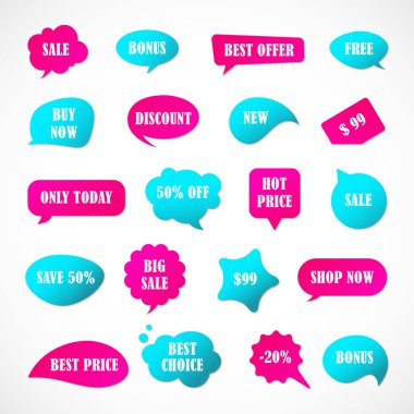 Vektör etiketleri, fiyat etiketleri, afişler, etiketler. Kupon satışı, teklifler ve promosyon vektör şablonu. Fiyat etiketi, perakende, ticaret, iş. Konuşma baloncukları kümesi