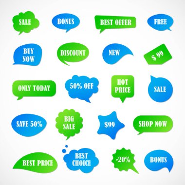 Vektör etiketleri, fiyat etiketleri, afişler, etiketler. Kupon satışı, teklifler ve promosyon vektör şablonu. Fiyat etiketi, perakende, ticaret, iş. Konuşma baloncukları kümesi
