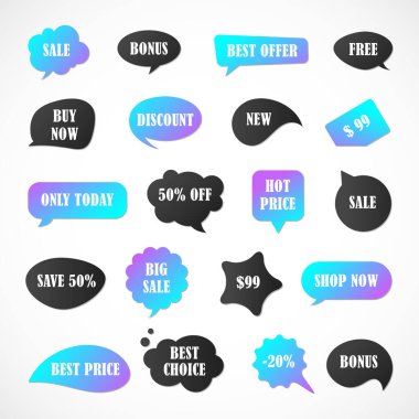 Vektör etiketleri, fiyat etiketleri, afişler, etiketler. Kupon satışı, teklifler ve promosyon vektör şablonu. Fiyat etiketi, perakende, ticaret, iş. Konuşma baloncukları kümesi