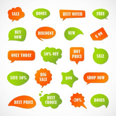 Vektör etiketleri, fiyat etiketleri, afişler, etiketler. Kupon satışı, teklifler ve promosyon vektör şablonu. Fiyat etiketi, perakende, ticaret, iş. Konuşma baloncukları kümesi