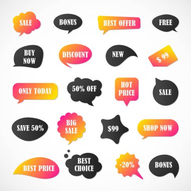 Vektör etiketleri, fiyat etiketleri, afişler, etiketler. Kupon satışı, teklifler ve promosyon vektör şablonu. Fiyat etiketi, perakende, ticaret, iş. Konuşma baloncukları kümesi