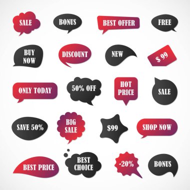 Vektör etiketleri, fiyat etiketleri, afişler, etiketler. Kupon satışı, teklifler ve promosyon vektör şablonu. Fiyat etiketi, perakende, ticaret, iş. Konuşma baloncukları kümesi