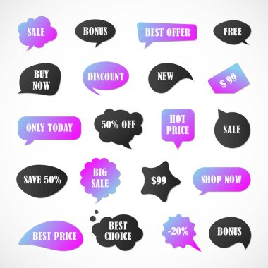 Vektör etiketleri, fiyat etiketleri, afişler, etiketler. Kupon satışı, teklifler ve promosyon vektör şablonu. Fiyat etiketi, perakende, ticaret, iş. Konuşma baloncukları kümesi