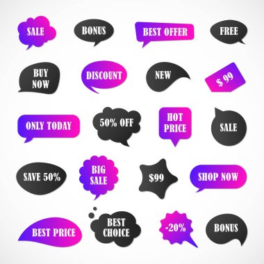 Vektör etiketleri, fiyat etiketleri, afişler, etiketler. Kupon satışı, teklifler ve promosyon vektör şablonu. Fiyat etiketi, perakende, ticaret, iş. Konuşma baloncukları kümesi