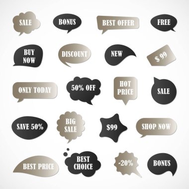 Vektör etiketleri, fiyat etiketleri, afişler, etiketler. Kupon satışı, teklifler ve promosyon vektör şablonu. Fiyat etiketi, perakende, ticaret, iş. Konuşma baloncukları kümesi
