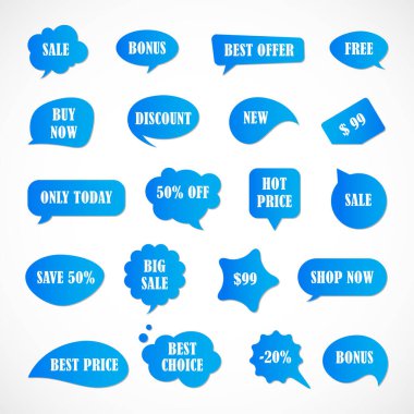 Vektör etiketleri, fiyat etiketleri, afişler, etiketler. Kupon satışı, teklifler ve promosyon vektör şablonu. Fiyat etiketi, perakende, ticaret, iş. Konuşma baloncukları kümesi