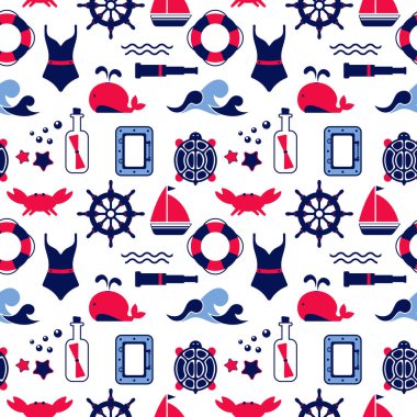 Deniz, navigasyon, deniz yolculuğu temasındaki simgelerin vektörsüz deseni