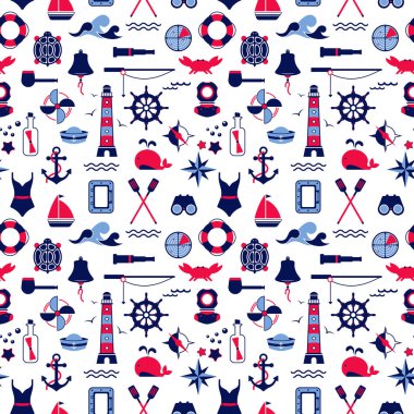 Deniz, navigasyon ve deniz yolculuğu temasındaki simgelerin vektörsüz desenleri. Navigasyon ve denizcilik nesnelerinin denizcilik çizimi