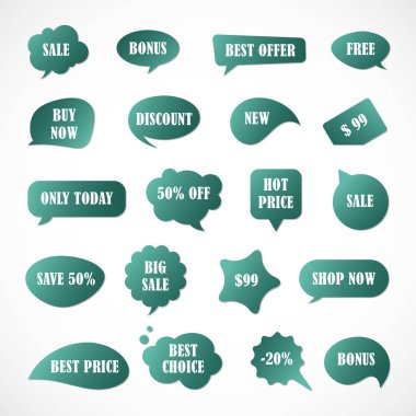 Vektör etiketleri, fiyat etiketleri, afişler, etiketler. Kupon satışı, teklifler ve promosyon vektör şablonu. Fiyat etiketi, perakende, ticaret, iş. Konuşma baloncukları kümesi