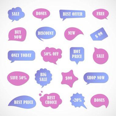 Vektör etiketleri, fiyat etiketleri, afişler, etiketler. Kupon satışı, teklifler ve promosyon vektör şablonu. Fiyat etiketi, perakende, ticaret, iş. Konuşma baloncukları kümesi