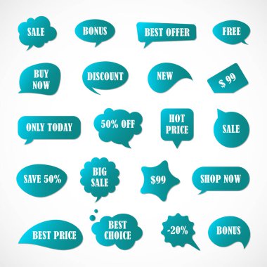 Vektör etiketleri, fiyat etiketleri, afişler, etiketler. Kupon satışı, teklifler ve promosyon vektör şablonu. Fiyat etiketi, perakende, ticaret, iş. Konuşma baloncukları kümesi