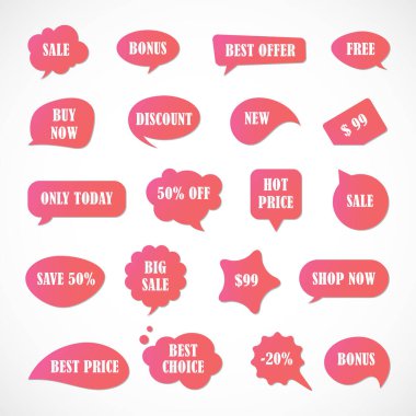 Vektör etiketleri, fiyat etiketleri, afişler, etiketler. Kupon satışı, teklifler ve promosyon vektör şablonu. Fiyat etiketi, perakende, ticaret, iş. Konuşma baloncukları kümesi