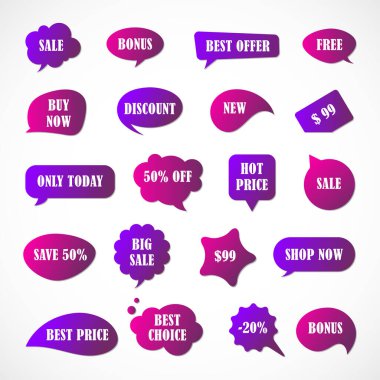 Vektör etiketleri, fiyat etiketleri, afişler, etiketler. Kupon satışı, teklifler ve promosyon vektör şablonu. Fiyat etiketi, perakende, ticaret, iş. Konuşma baloncukları kümesi