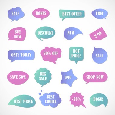 Vektör etiketleri, fiyat etiketleri, afişler, etiketler. Kupon satışı, teklifler ve promosyon vektör şablonu. Fiyat etiketi, perakende, ticaret, iş. Konuşma baloncukları kümesi