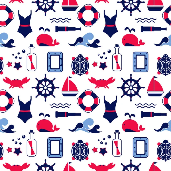 Deniz, navigasyon, deniz yolculuğu temasındaki simgelerin vektörsüz deseni