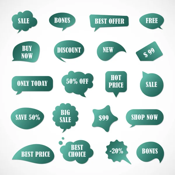 Vektör etiketleri, fiyat etiketleri, afişler, etiketler. Kupon satışı, teklifler ve promosyon vektör şablonu. Fiyat etiketi, perakende, ticaret, iş. Konuşma baloncukları kümesi