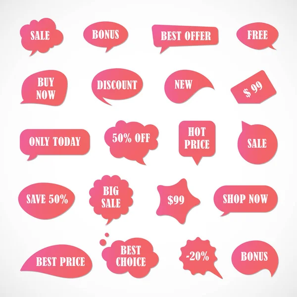 Vektör etiketleri, fiyat etiketleri, afişler, etiketler. Kupon satışı, teklifler ve promosyon vektör şablonu. Fiyat etiketi, perakende, ticaret, iş. Konuşma baloncukları kümesi
