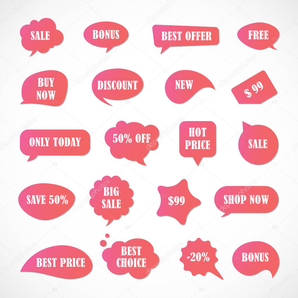 Vector stickers, price tag, banner, label. Coupon sale, offers and promotions vector template. Shop price tag, retail, commerce, business. Set of speech bubbles