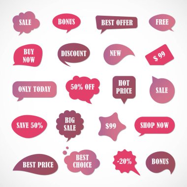 Vektör etiketleri, fiyat etiketleri, afişler, etiketler. Kupon satışı, teklifler ve promosyon vektör şablonu. Fiyat etiketi, perakende, ticaret, iş. Konuşma baloncukları kümesi