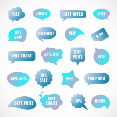 Vektör etiketleri, fiyat etiketleri, afişler, etiketler. Kupon satışı, teklifler ve promosyon vektör şablonu. Fiyat etiketi, perakende, ticaret, iş. Konuşma baloncukları kümesi