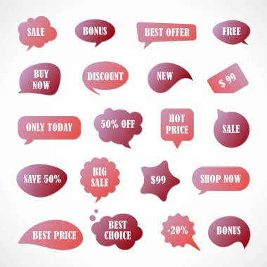 Vektör etiketleri, fiyat etiketleri, afişler, etiketler. Kupon satışı, teklifler ve promosyon vektör şablonu. Fiyat etiketi, perakende, ticaret, iş. Konuşma baloncukları kümesi