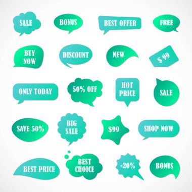 Vektör etiketleri, fiyat etiketleri, afişler, etiketler. Kupon satışı, teklifler ve promosyon vektör şablonu. Fiyat etiketi, perakende, ticaret, iş. Konuşma baloncukları kümesi