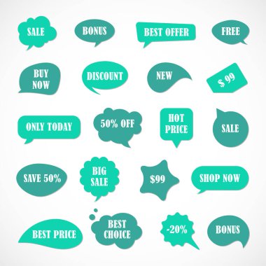 Vektör etiketleri, fiyat etiketleri, afişler, etiketler. Kupon satışı, teklifler ve promosyon vektör şablonu. Dükkan fiyatı etiketi, perakende, ticaret, iş